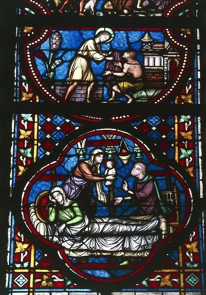 Belgium, Hainaut, Tournai, Tournai Cathedral (Cathedral of Notre Dame), stained glass, detail