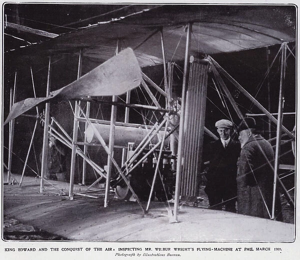 King Edward VII with the American aviation pioneer, Wilbur Wright and his flying machine, March 1909 (b  /  w photo)