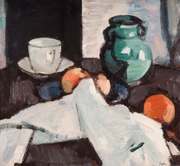 Still Life with Bowl of Fruit, Jug, Cup and Saucer, 1927-29. Creator: Samuel John Peploe