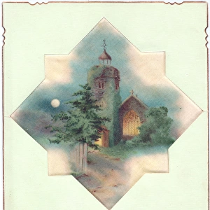 Church in moonlight on a fabric New Year card