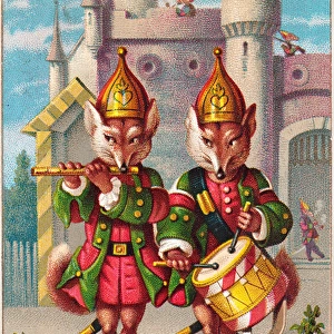 Two uniformed foxes on a New Year card
