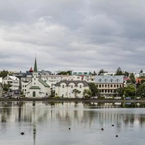 A view across the Pond of downtown Reykjavik, Iceland, Polar Regions