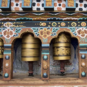 Bhutan, Paro, capital of Paro District aka Dzongkhag. Traditional prayer wheels