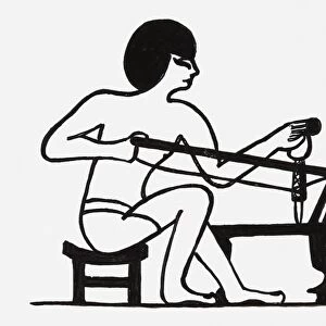 Black and white illustration of ancient Egyptian using awl and bow drill on a plank of wood
