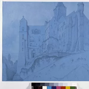 The outside of the abbey of Mont Saint Michel. Drawing by Emile Sagot. Municipal Museum of Avranches (Manche)