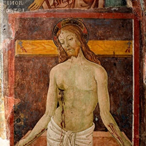 Pieta. The aureole of Jesus Christ is marked with a cross. Detail, 15th century (fresco)