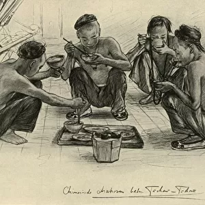 Chinese crew members eating on board the Knivsberg, 1898. Creator: Christian Wilhelm Allers